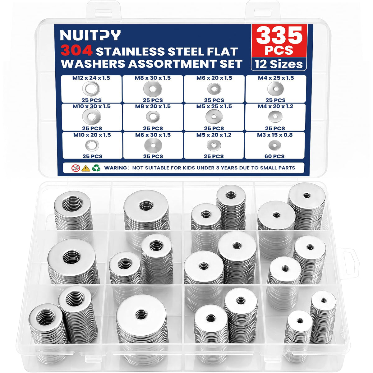 335 Pcs 304 Stainless Steel Flat Washers, 12 Sizes M3-M12 Flat Washers Set
