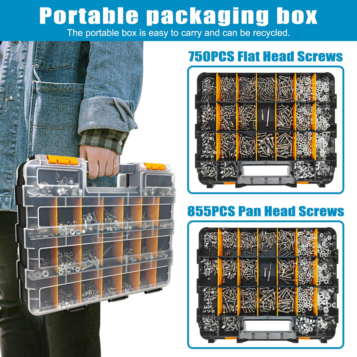1609 PCS Machine Screws Assortment Kit, 304 Stainless Steel Nuts and Bolts,Phillips Pan Head and Flat Head Screws with Nuts, Bolts,Washers and 4pcs Screwdriver Bit, Double Sided Organizer