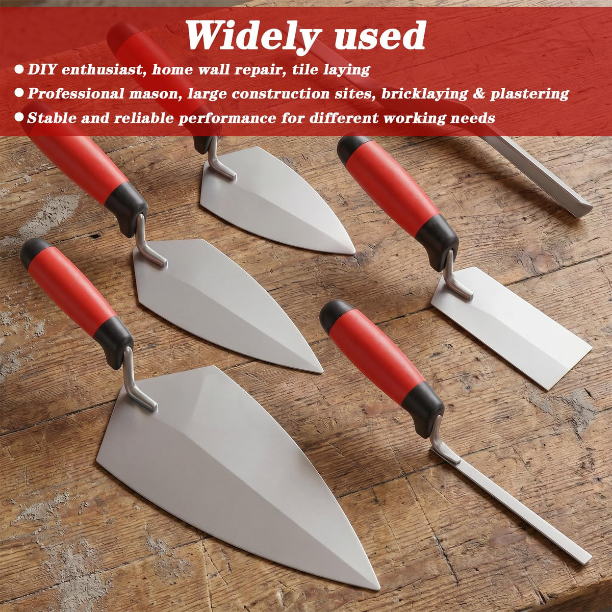 Kuyeyzu 6 Pcs Masonry Hand Tools Set Includes 11" Brick Trowel, 2 Pointing Trowels, 5" Margin Tool, 11.5" Tuck Pointing Tool, and 5/8" x 1/2" Convex Brick Jointer