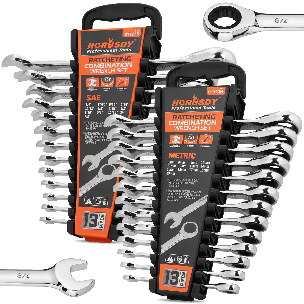 HORUSDY 26-Piece Ratcheting Wrench Set, Metric and SAE (6-19 mm & 1/4” to 3/4“), Ratchet Combination Wrenches Set with Organizer, 72-Tooth, Chrome Vanadium Steel
