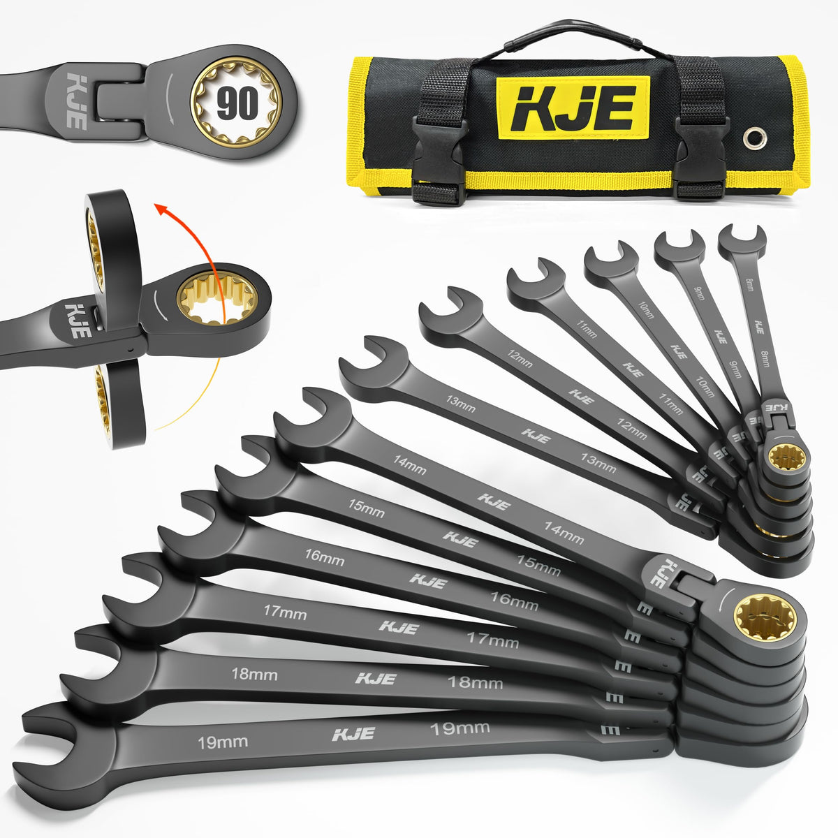 KJE 90-Teeth Metric 180° Flex-Head Ratcheting Wrench Set, Cr-V Steel, 12-Piece Metric 8-19mm Combination Wrenches set, Nickel Plating, with Organizer Bag, for Auto, Machine Repair, Gift