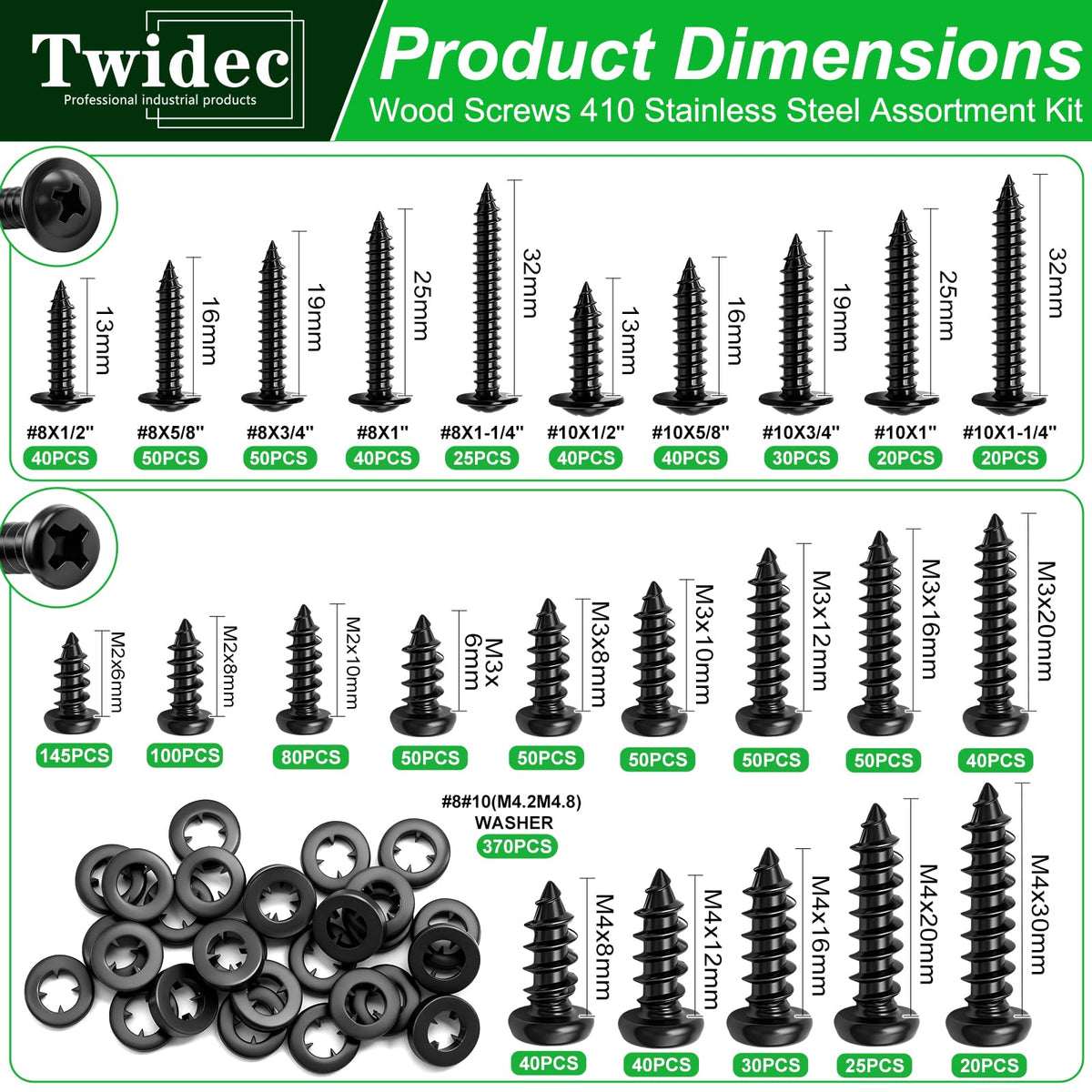 Twidec/1510PCS Black Wood Screws M2 M3 M4#8#10 Truss Head＆Pan Head Screws