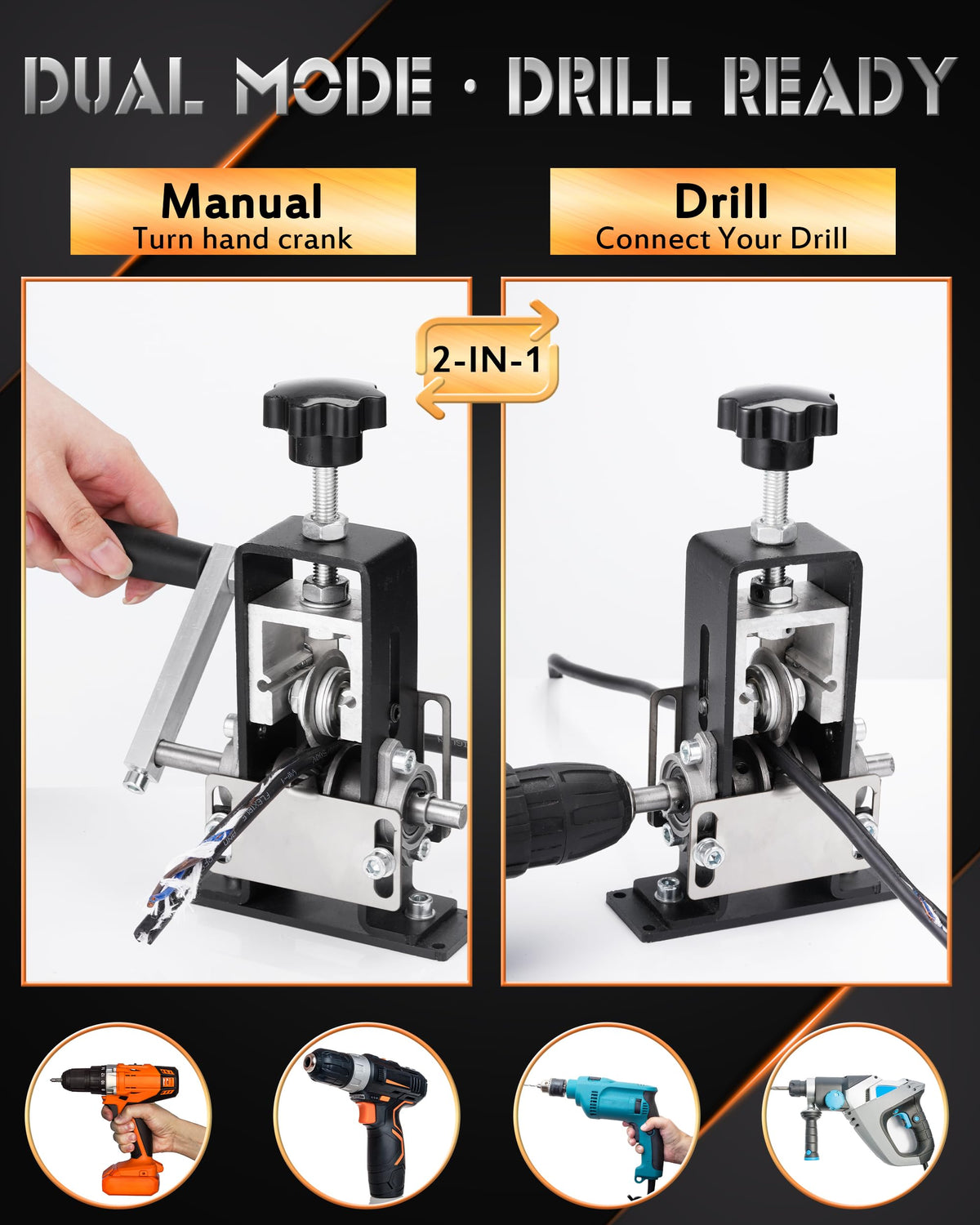 Manual Wire Stripping Machine, 2 IN 1 Drill-Powered/Hand Crank Wire Peeler Machine, For 0.06"-1"(1.5~25 mm) Scrap Copper, Wire Stripping Tool for DIY Cable Copper Recycling(Black)