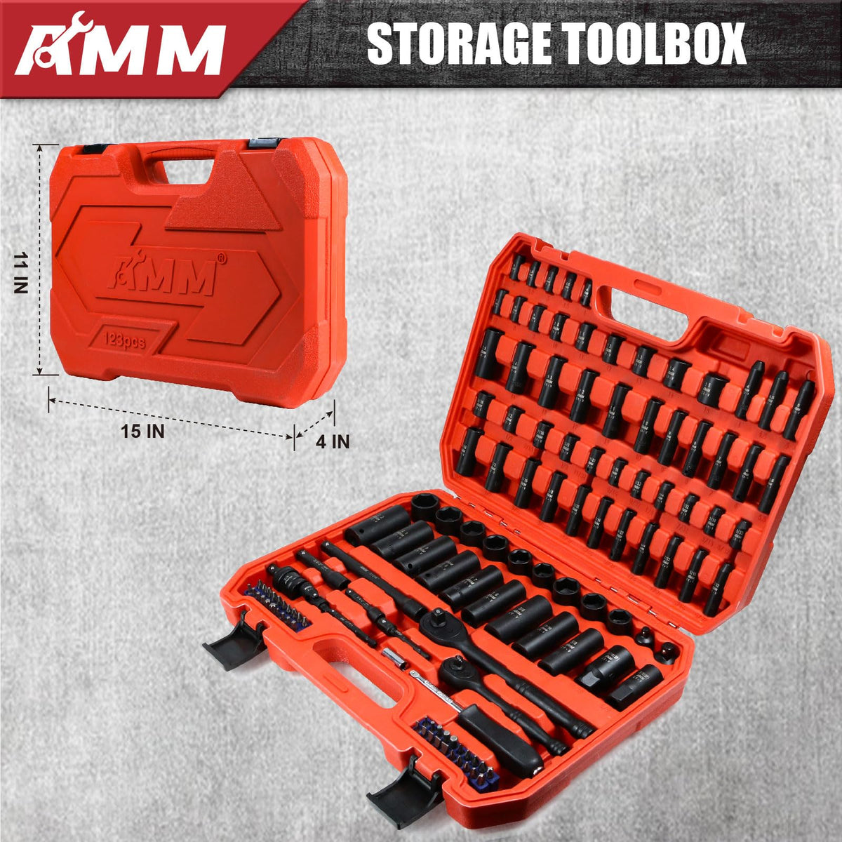 AMM 123Pcs Impact socket set，1/4”3/8”Drive Deep&Shallow Socket wrench set，6 Point Metric&Standard Full 5/32"-3/4"，4-22mm with Spark plug sockets，72T Ratchet handle，Screwdrivers，for Automotive&Home