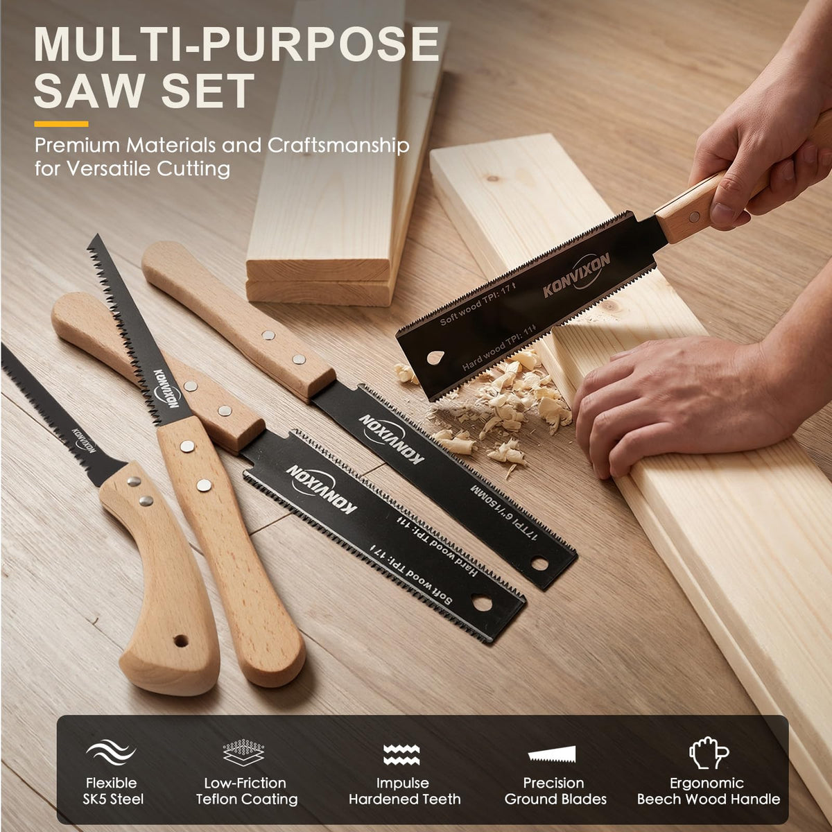 Konvixon 5PCS Hand Saw Set, SK5 Steel Blade, Hardened Teeth, Teflon Coating
