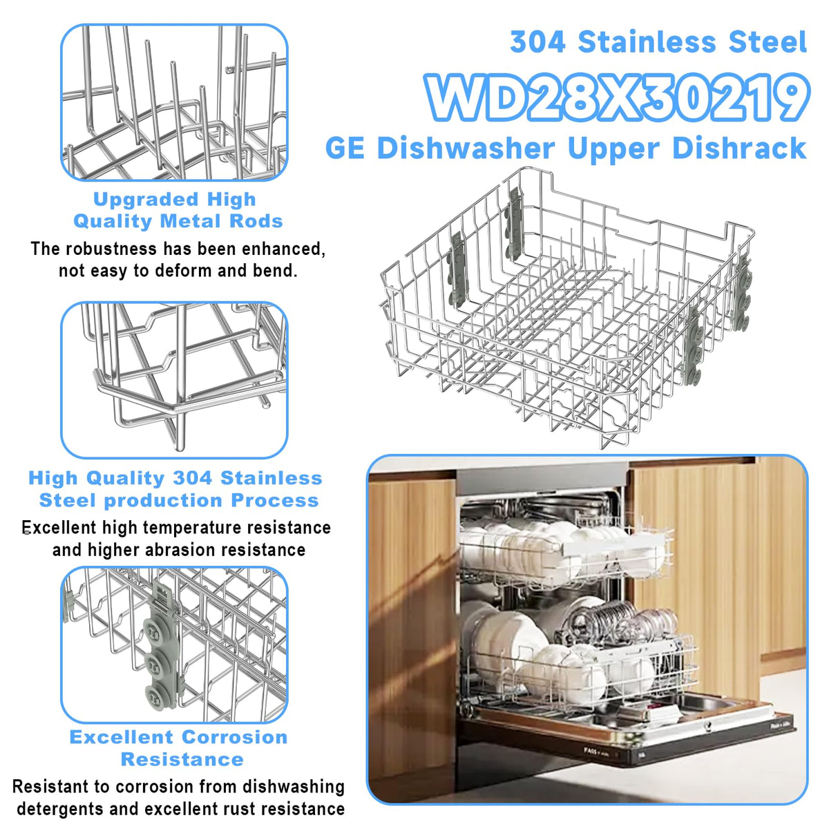 UPGRADED WD28X35779 WD28X30219 Dishwasher Upper Rack Compatible with GE Dishwasher Rack Replacement Parts with Wheel,304 Stainless Steel WD28X30219 WD28X25018 WD28X26104 GE Dishwasher Upper Rack Part