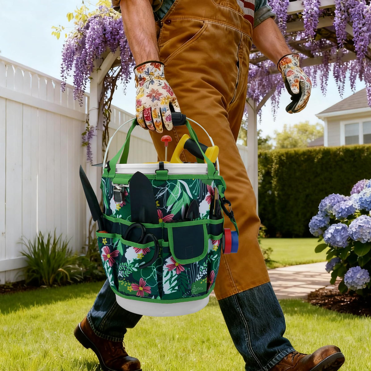KUNN Bucket Tool Organizer 5 Gallon 18-Pocket Gardening Tool Bag with Hangable Handle, Garden Caddy & Bucket Accessory, Green