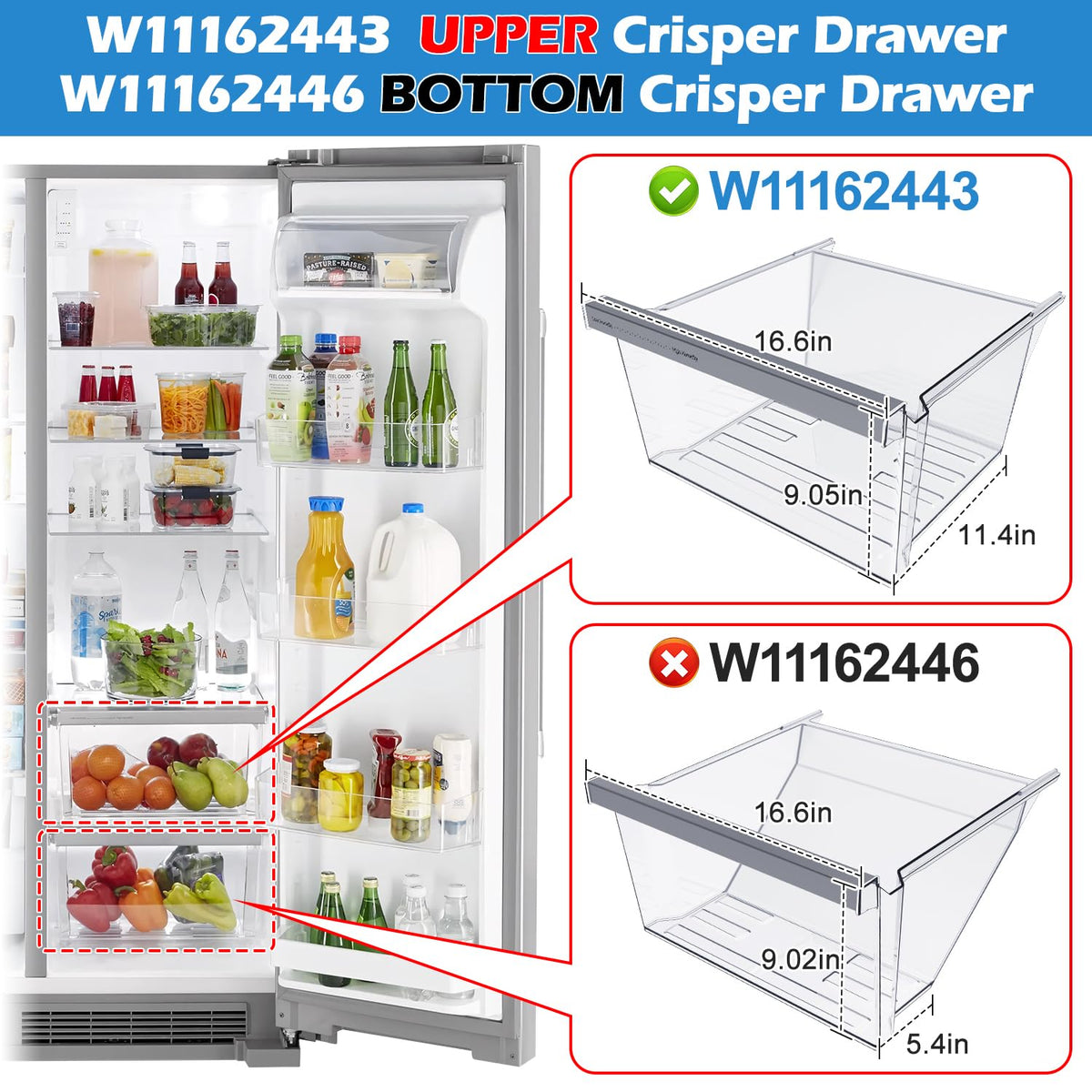 UPGRADED W11162443 Refrigerator Crisper Drawer For