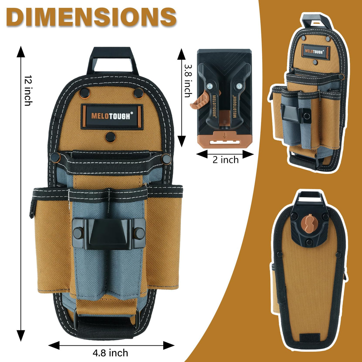 MELOTOUGH 7-Pocket Technician Pouch-Small Tool Belt Pouch with Belt Clip,Clip on Larger - Pockets & Loop,-Tool Holder Accessory(Khaki)