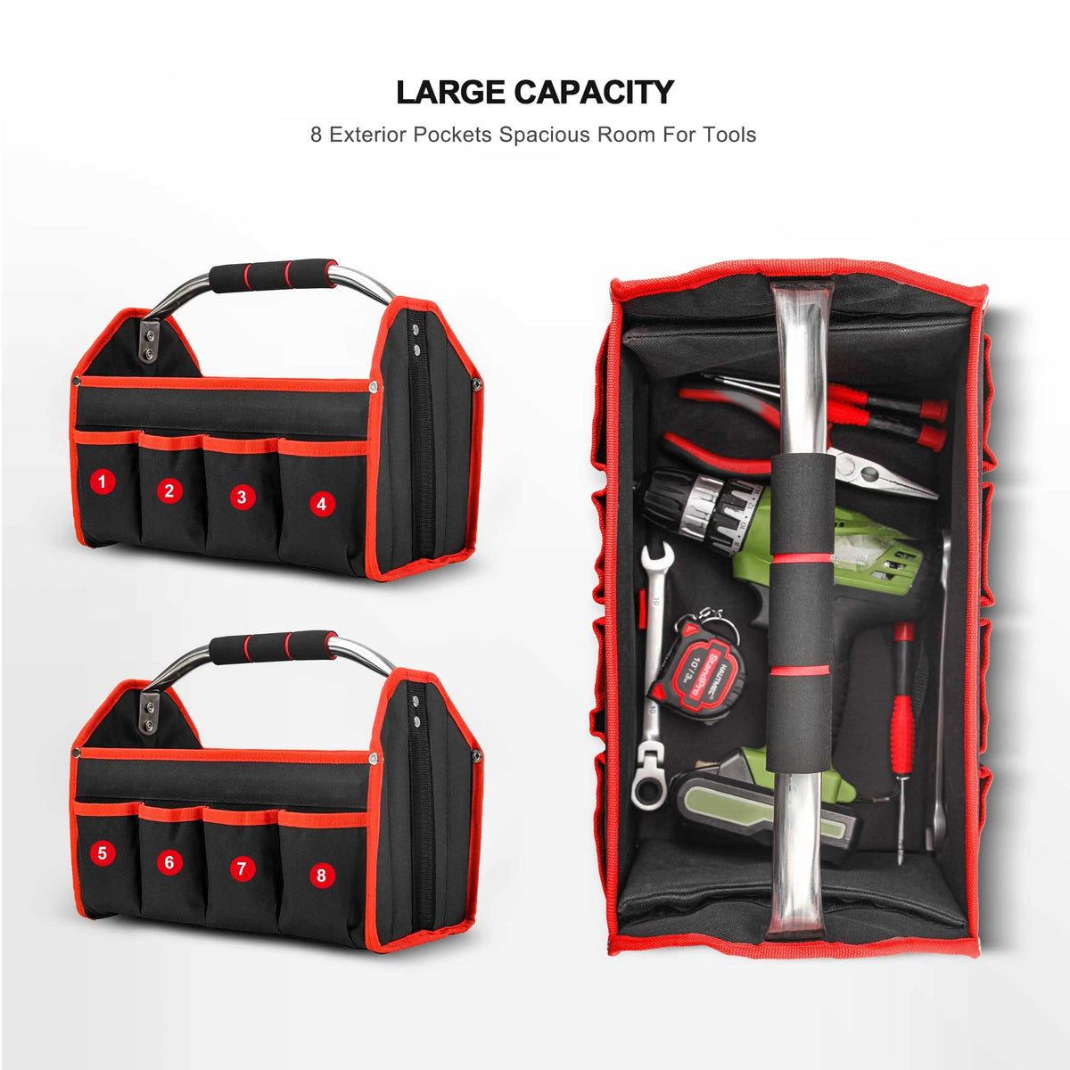 HAUTMEC 13 Inch Tool Bag, Foldable Open Top Tool Bag with Stiff Frame, Heavy-Duty Tool Tote with Padded Handle, Water-Resistant Base, Portable Tool Organizer for DIY & Jobsite Use – TB0001