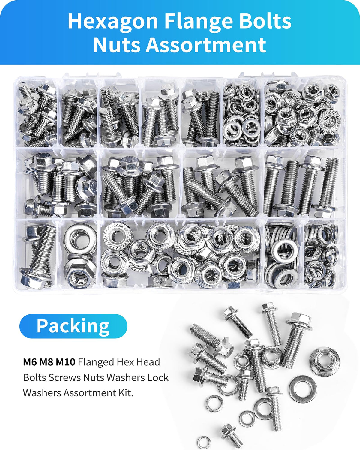 300Pcs Metric Flange Bolts Assortment, M6 M8 M10 Flange Hex Bolts and Nuts Washers Kit, 304 Stainless Steel Serrated Flange Nuts and Bolts, M6x1.0, M8x1.25, M10x1.5 (12mm to 30mm)(Silver)