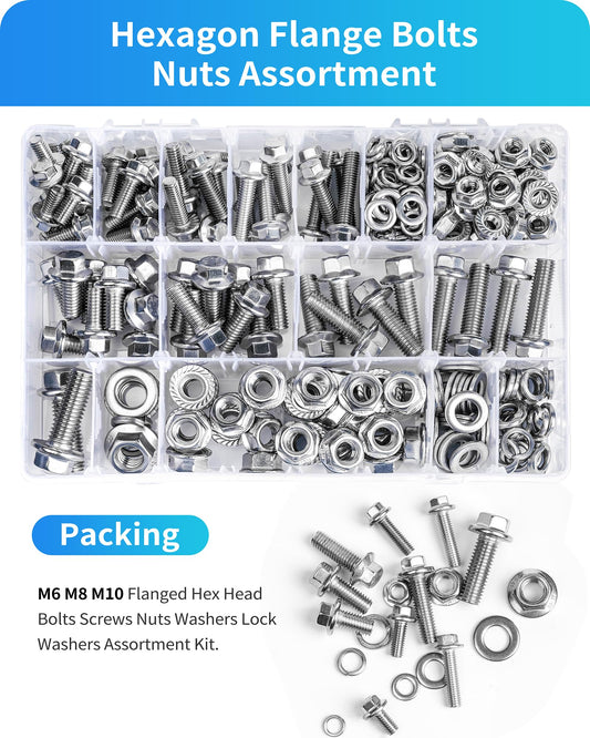 300Pcs Metric Flange Bolts Assortment, M6 M8 M10 Flange Hex Bolts and Nuts Washers Kit, 304 Stainless Steel Serrated Flange Nuts and Bolts, M6x1.0, M8x1.25, M10x1.5 (12mm to 30mm)(Silver)