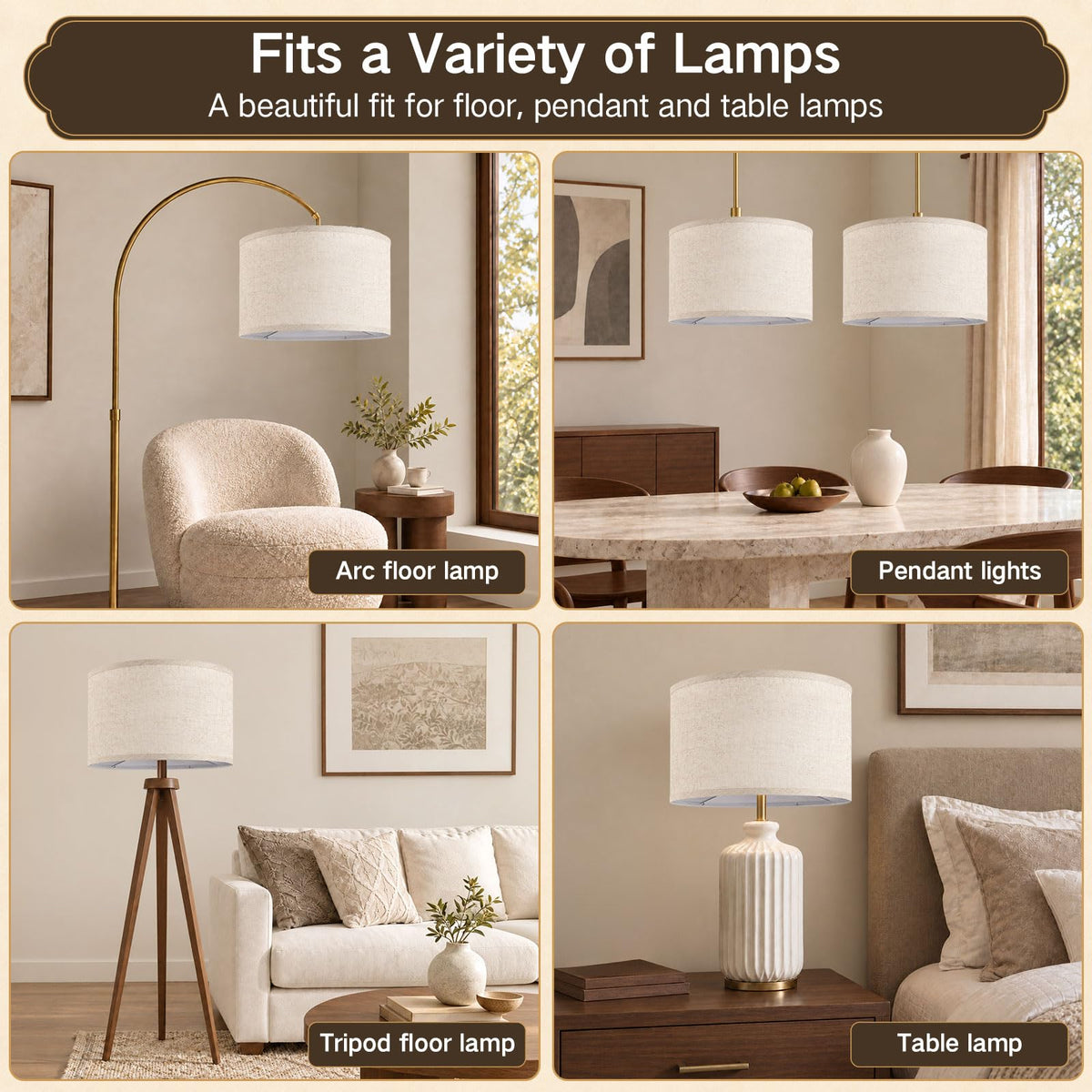 OUTON Beige Large Drum Lamp Shades for Floor Lamps, 17.5" Top x 17.5" Bottom x 10" High, Easy to Assemble, Replacement Linen Lampshades for Table Lamps & Bedside Lamps (1.65" Spider)