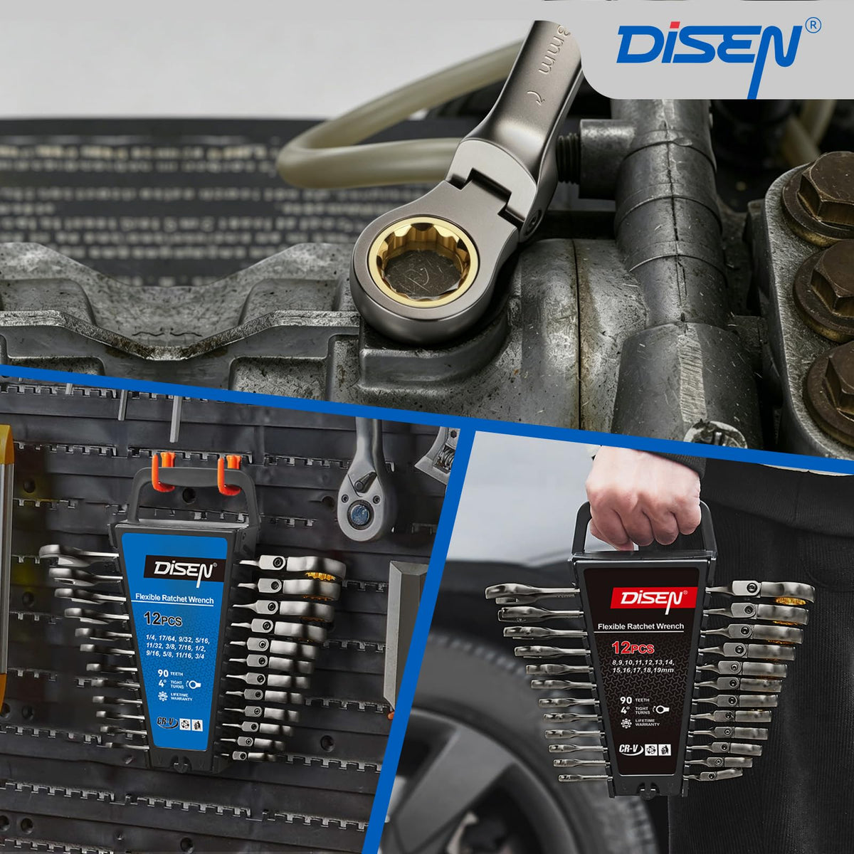 DISEN Ratcheting Wrenches Set 90 Tooth Flex-Head with Nickel Plating 24 Pcs