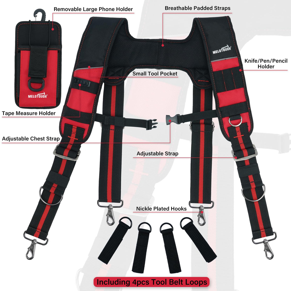 MELOTOUGH Tool Belt Suspenders Tool Bag Suspenders Padded Construction Work Belt Suspenders for Carpenter/Electrician/Roofing/Framers work Suspension Rig(Red)