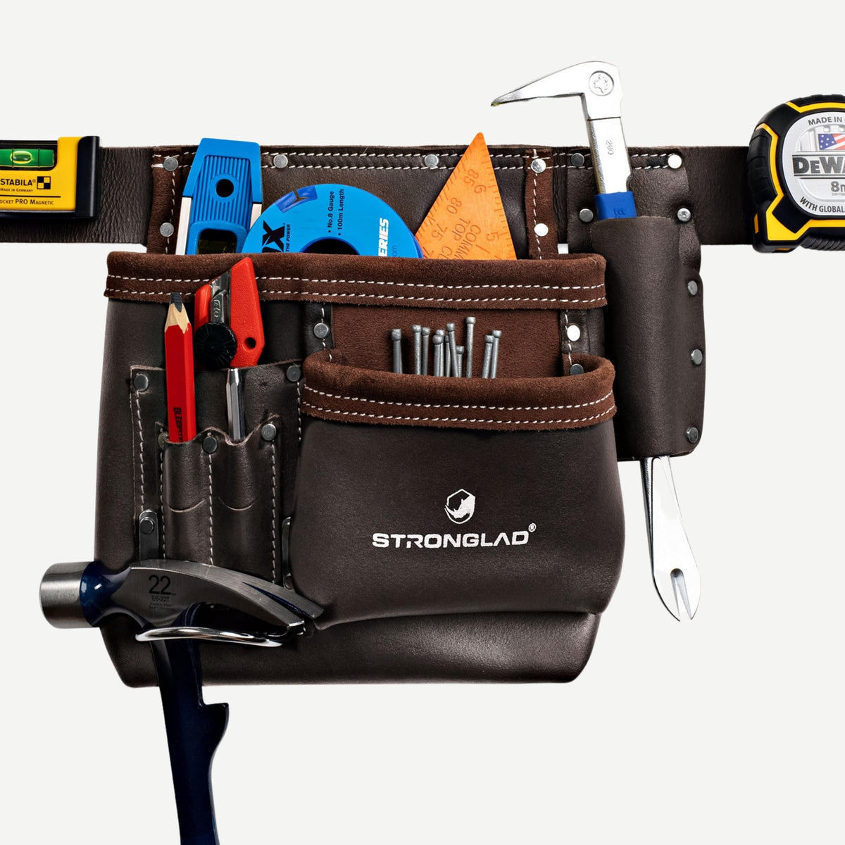 STRONGLAD Leather Tool Belt - 6-Pocket Oil-Tanned Utility Pouch, 29-46 in Adjustable Waist, Heavy-Duty Carpenter Drywaller Electrician Work Belt