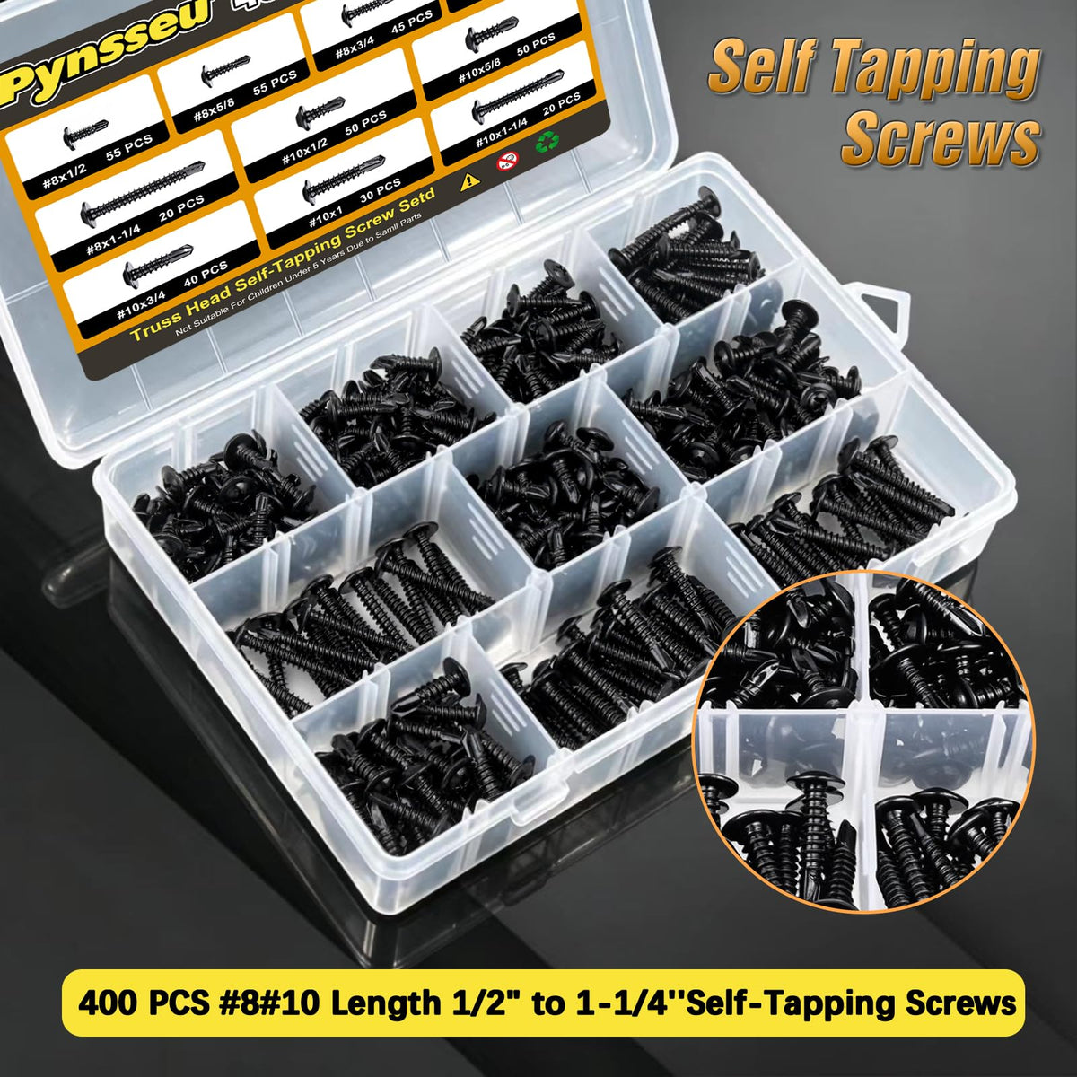 Pynsseu 400PCS #8#10 Self Tapping Screws Set for Metal,410 Stainless Steel