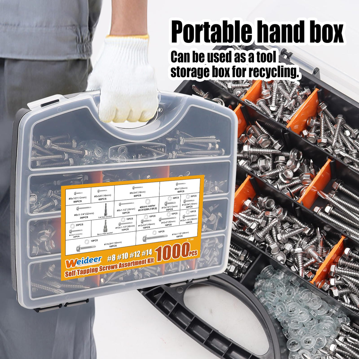 weideer 1000pcs Self Tapping Screws for Metal, #8#10#12#14,410 Stainless Steel Sheet Metal Screws Assortment Kit, Hex Washer Head Self Drilling Screw with Rubber Washer,Length 1/2" to 2''