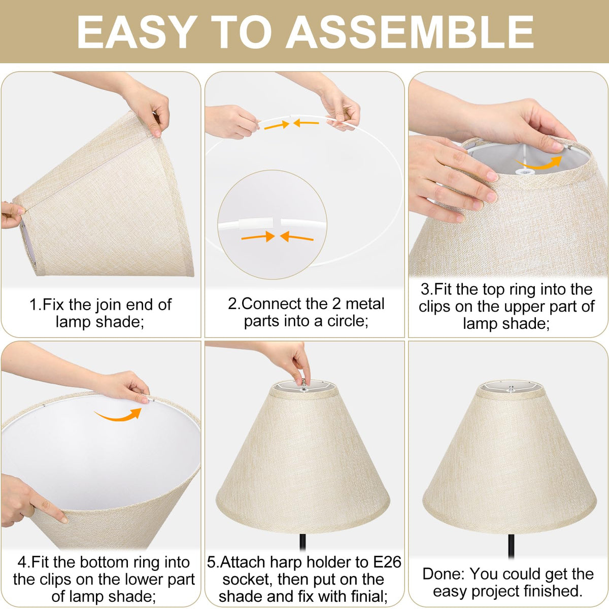 Empire Lamp Shades Set of 2, 6" Top x 16" Bottom x 10.8" High, Large Beige Lamp Shades for Table Lamps Floor Lamps, Natural Linen Lampshades Replacement, Spider, Harp Holders Included, Easy Assembly