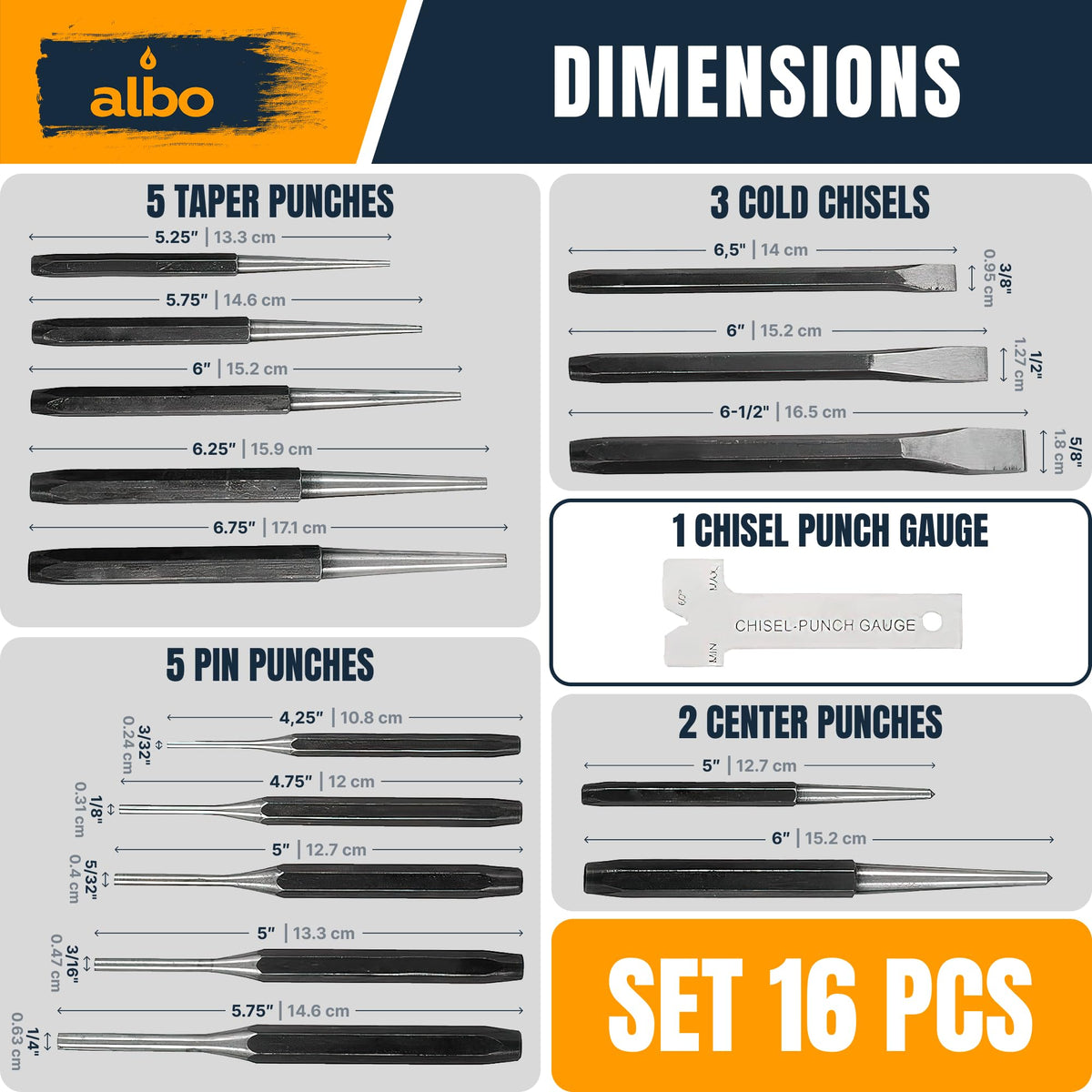 ALBO 16-Piece Punch & Chisel Set, Tapered, Pin & Center Punches, Chisels