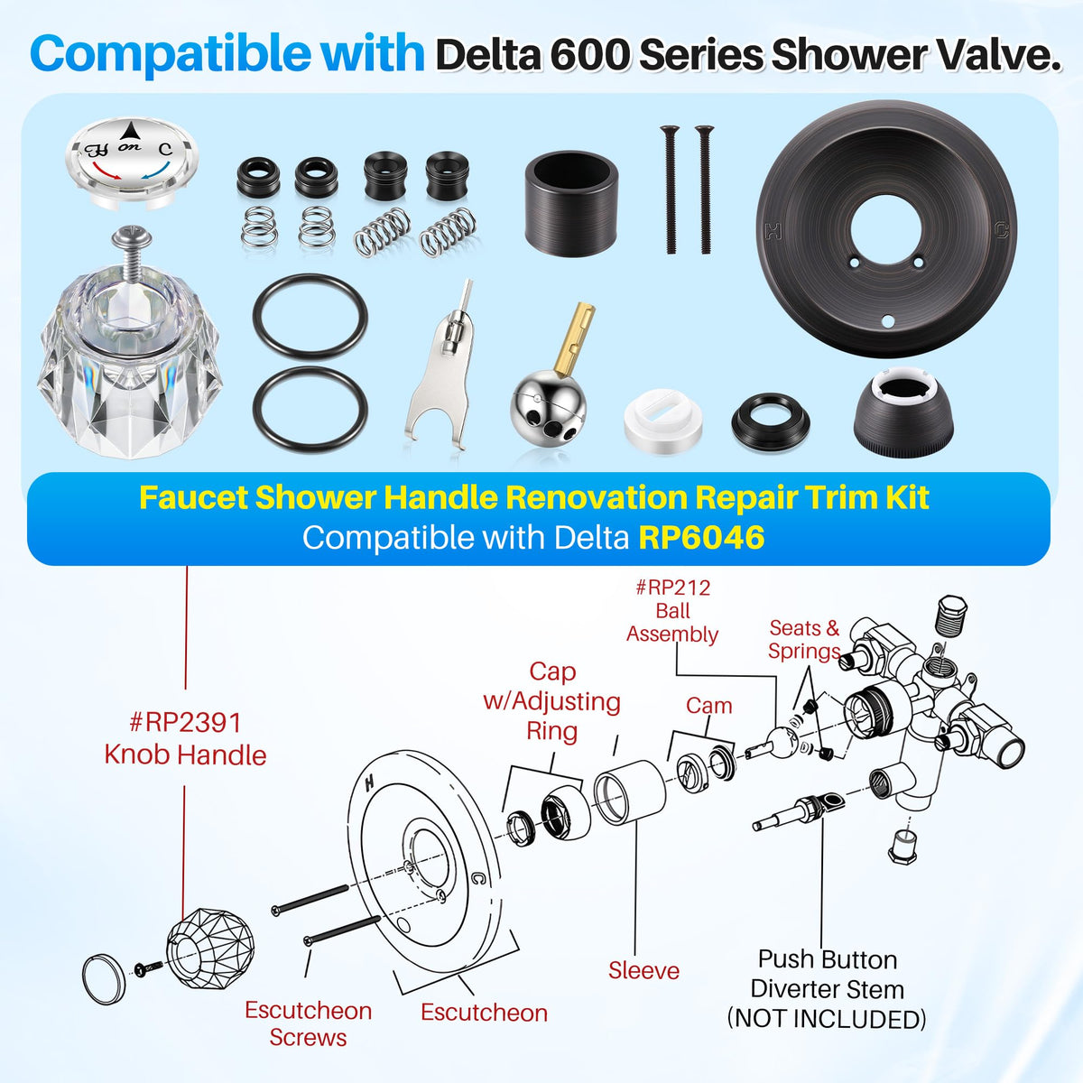Valve Trim Repair Kit Compatible with Delta RP6046, Knob