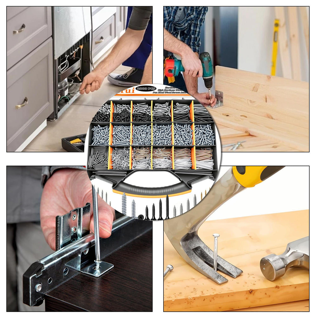 Dianrui 2000 PCS High Hardness Nails & Wood Screws & Sheet Metal Screws Assortment Kit,Phillips Drive Flat & Pan Head Wood Screws Set for Picture Hanging/Wood/DIY with Storage Box
