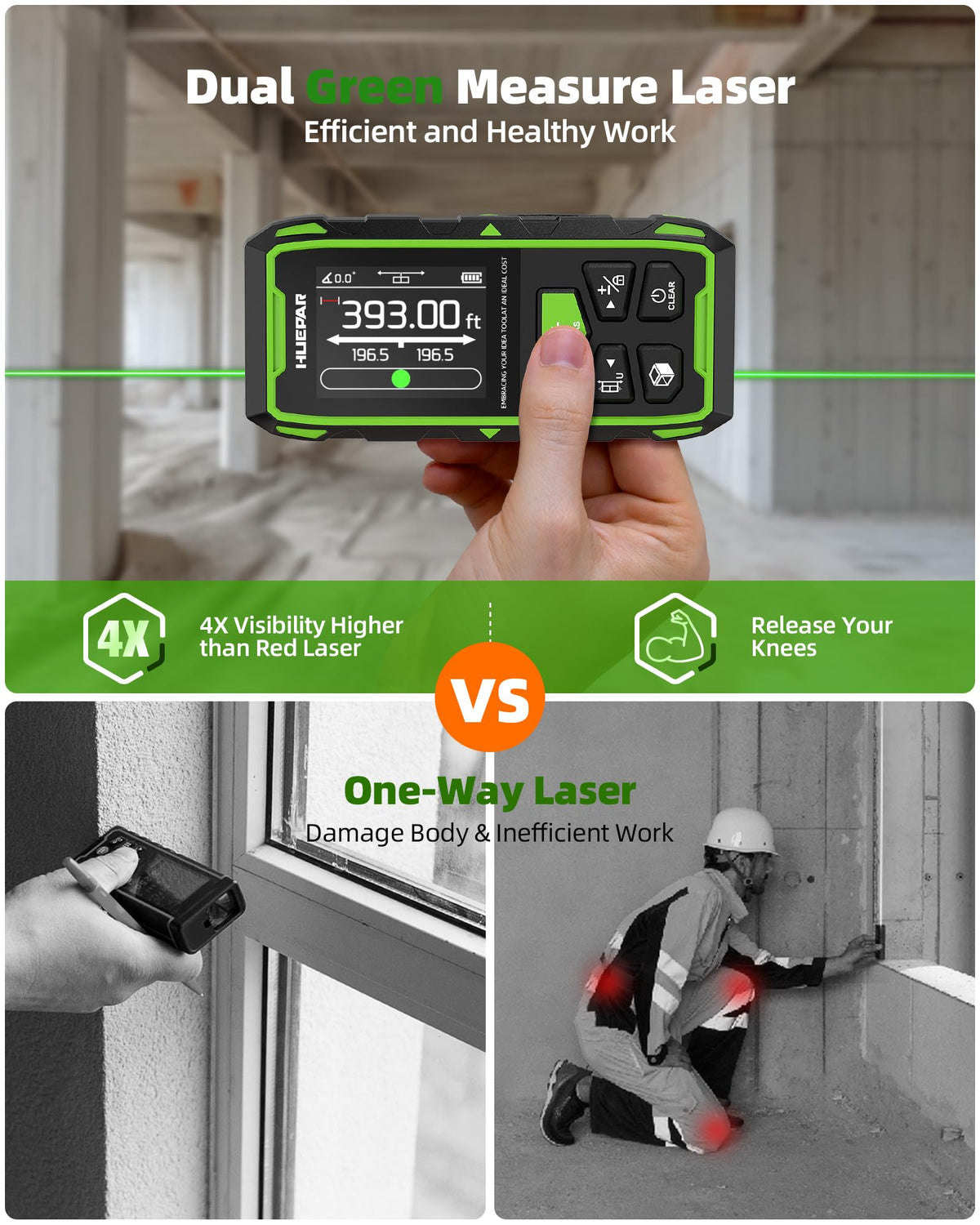 Huepar 2026 Upgraded Dual Laser Measuring Tool 395Ft, Phone App, Green Beam