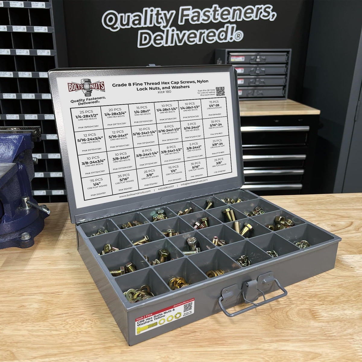 Grade 8 FINE Thread Hex Cap Bolts Screws, Nylon Nylok Lock Nuts, Washers, Lock Washers Assortment Kit - 574 Pieces!