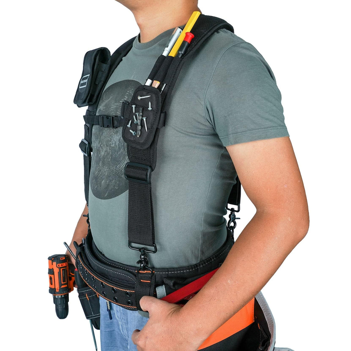 MELOTOUGH Magnetic Tool Belt Suspenders，Heavy-Duty Adjustable Padded Carpenter Work Belt Suspenders for Men with Magnetic WristBand Large Phone holder for Electrician
