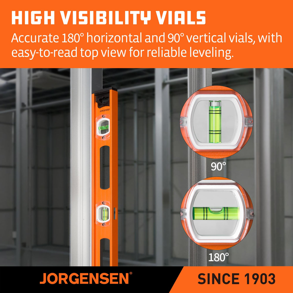 JORGENSEN 24" Magnetic I-Beam Level tool, 90°/180° Spirit 2' Leveler Tool