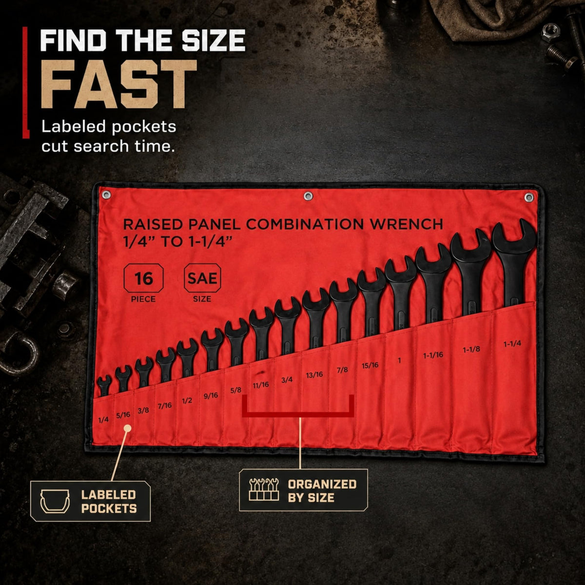 ABN SAE Combination Wrench Set, 16 Piece Standard Wrenches 1/4 to 1-1/4 Inch with Roll Up Pouch, Large Open and Box End Mechanic Tool Set