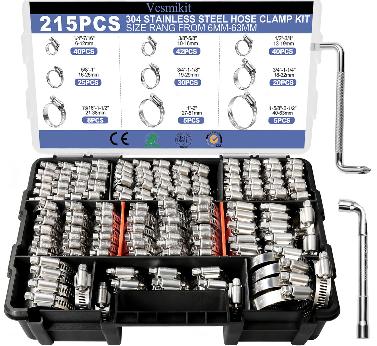 Hose Clamp Assortment- Vesmikit 215 PCS Stainless Steel Hose Clamps Kit