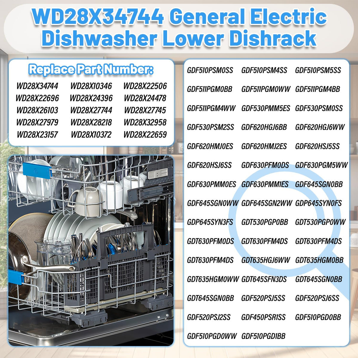 WD28X26099 Dishwasher Lower Rack Replacement for GE Dishwasher Bottom Rack WD28X26099 Bottom Dishrack for GE Dishwasher Parts Rack GDF510PSM0SS GDT535PSM0SS With Silverware Basket And Roller Kit