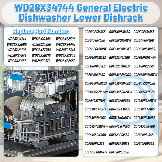 WD28X26099 Dishwasher Lower Rack Replacement for GE Dishwasher Bottom Rack WD28X26099 Bottom Dishrack for GE Dishwasher Parts Rack GDF510PSM0SS GDT535PSM0SS With Silverware Basket And Roller Kit