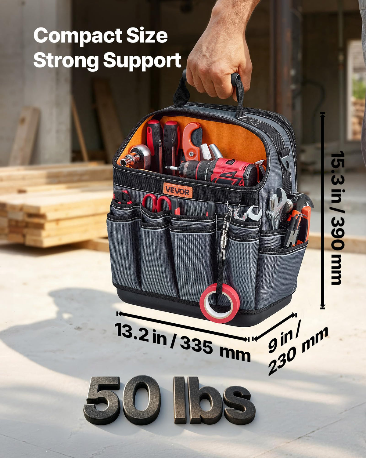 VEVOR Tool Bag, 13.2 Inch, 39-Pocket Open Top Tool Pouch, Portable Electrical Maintenance Toolbox Organizer Storage with Hard Plastic Base, Adjustable Shoulder Strap, for Professionals DIY & Jobsite