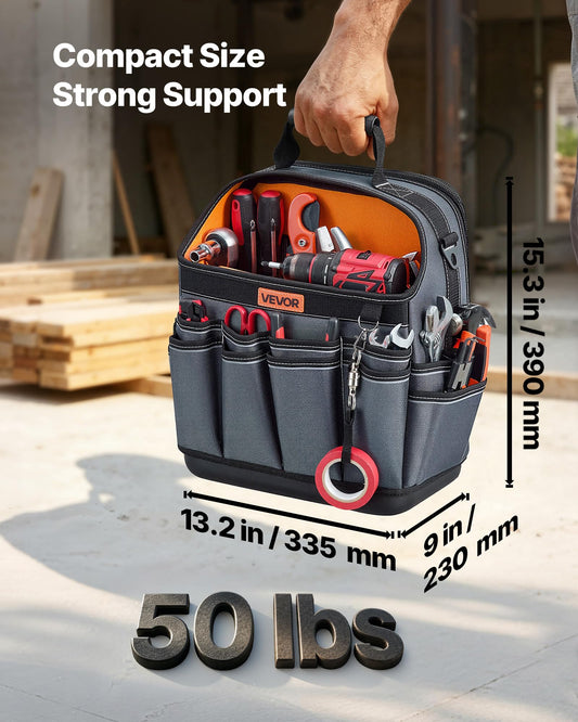 VEVOR Tool Bag, 13.2 Inch, 39-Pocket Open Top Tool Pouch, Portable Electrical Maintenance Toolbox Organizer Storage with Hard Plastic Base, Adjustable Shoulder Strap, for Professionals DIY & Jobsite