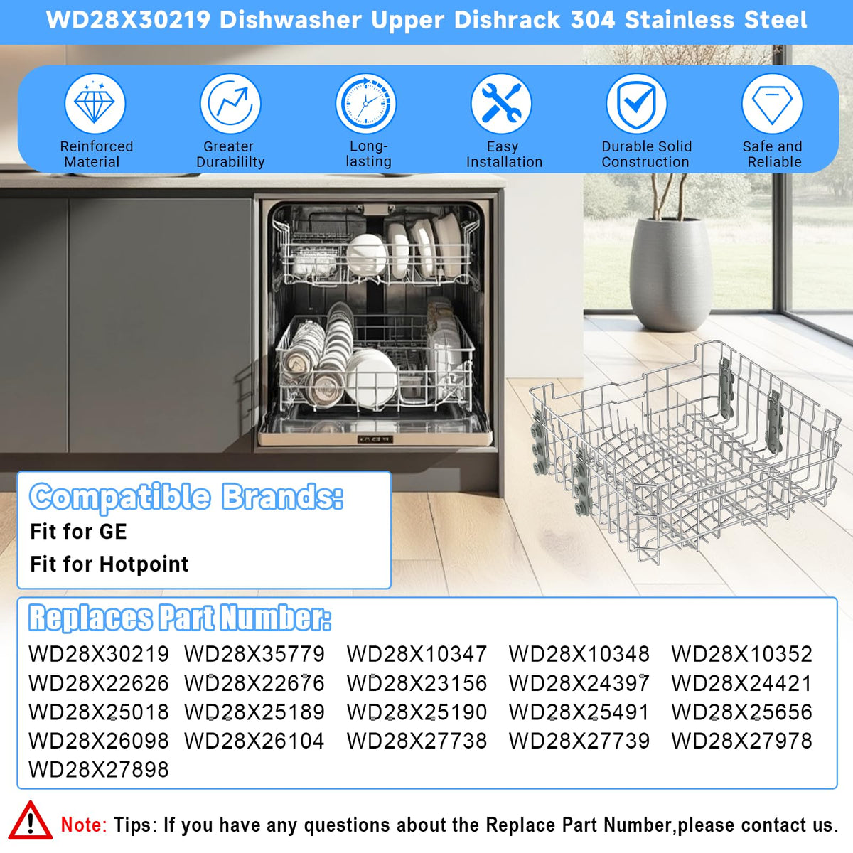 UPGRADED WD28X35779 WD28X30219 Dishwasher Upper Rack Compatible with GE Dishwasher Rack Replacement Parts with Wheel,304 Stainless Steel WD28X30219 WD28X25018 WD28X26104 GE Dishwasher Upper Rack Part