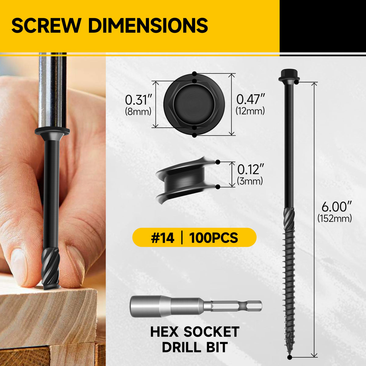 100Pcs 6 Inch Wood Screws, #14 x 6 Heavy Duty Outdoor Wood Screws Assortment Kit Deck Screws, Long Screws Black Timber Screws Lag Bolts, Hex Socket Head Log Landscaping Black Screws By Mywish