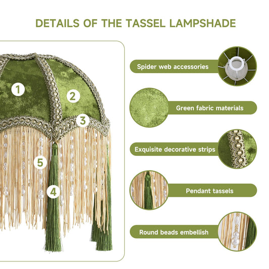 xiaojuande-Lampshade with tassels, Premium Classic Victorian, Style Bell Shape Scallop velvet top replacement lamp,9.8“Width 11.3”height(olive green)（260）