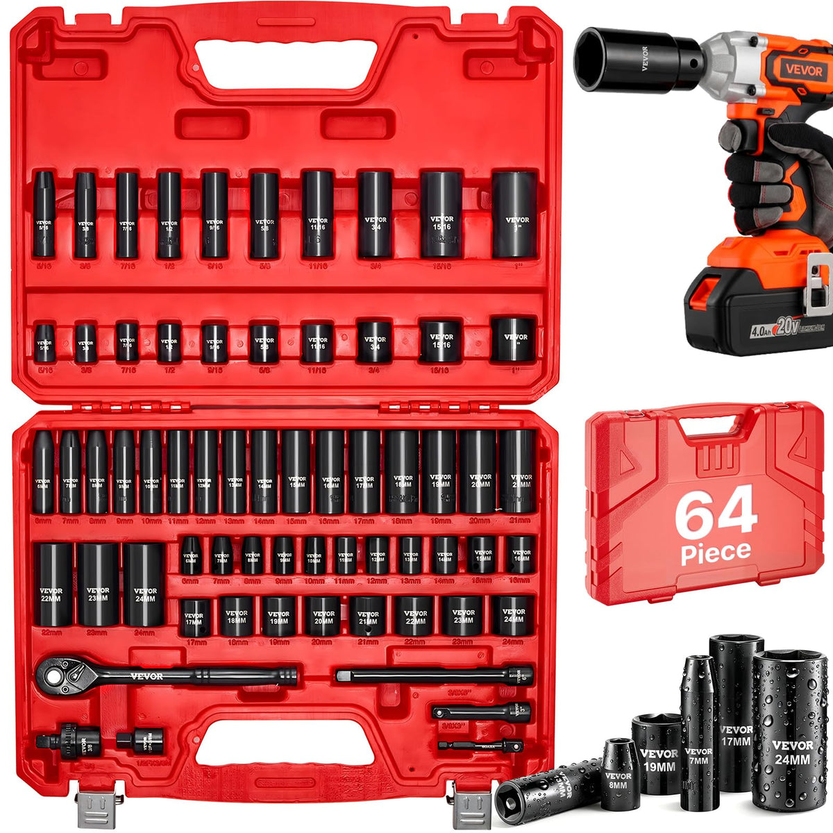 VEVOR 3/8" Drive Impact Socket Set, 64 Piece, Deep & Shallow Kit