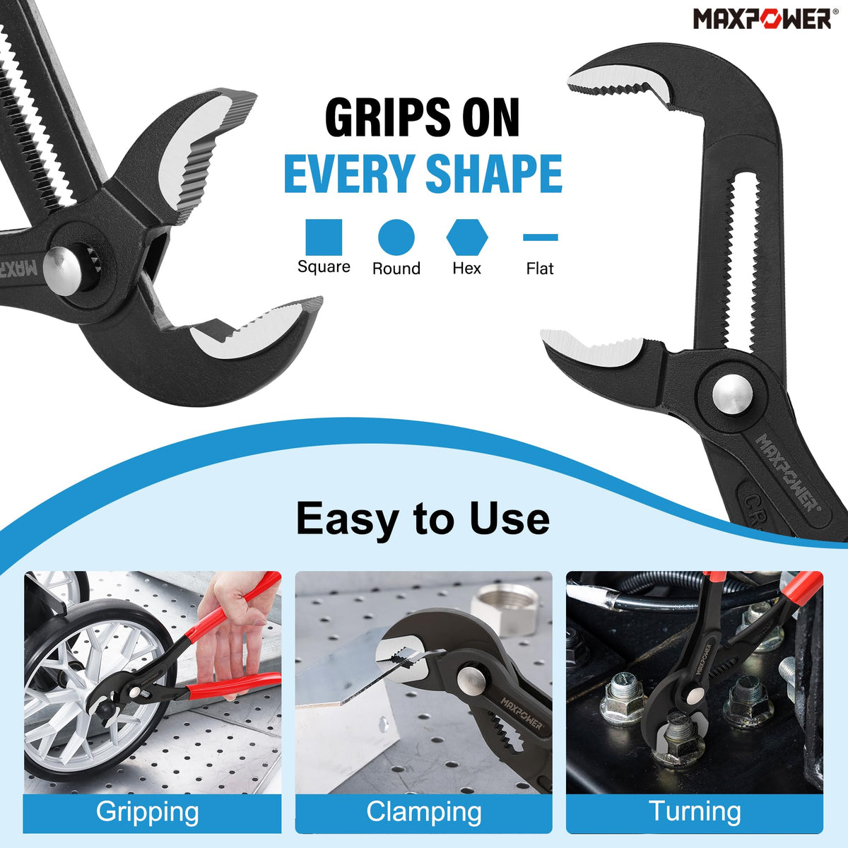 MAXPOWER 7" 10" 16" Water Pump Pliers Set, Push Button V Jaw, Quick Release