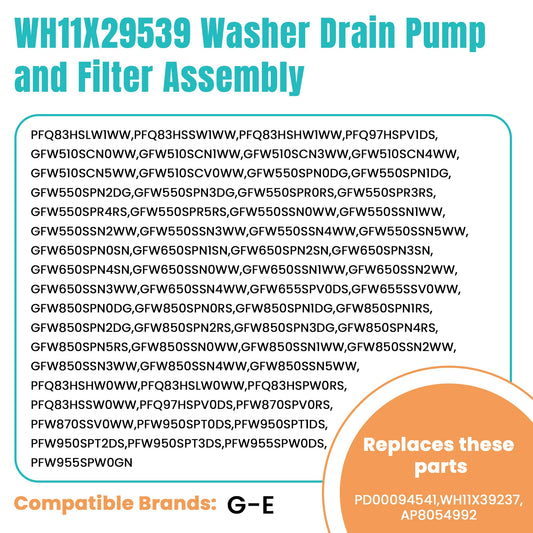 WH11X29539 Washer Drain Pump Filter Compatible for G-E Front Load Washing Machine Pump PD00094541 WH11X39237 AP8054992 PS16217203 EAP16217203 B25-3A04 PD00065822 Replacement by MIFLUS