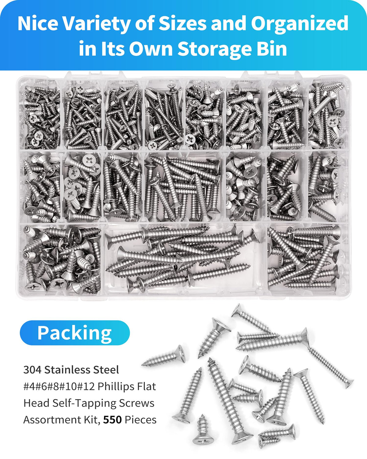 DIVANC 550Pcs 304 Stainless Steel Wood Screws Assortment Kit, Phillips Flat Head Sheet Metal Screw Self Tapping Screws Set, #4#6#8#10#12 Wood Assorted Screws, Length 1/4" to 1-1/2" (Flat Head 550PCS)
