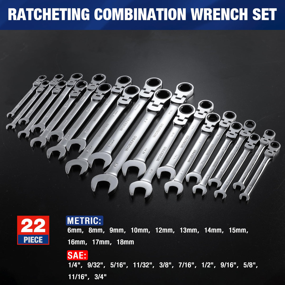 WORKPRO 22-Piece Ratcheting Wrench Set, Flex-Head & Polished