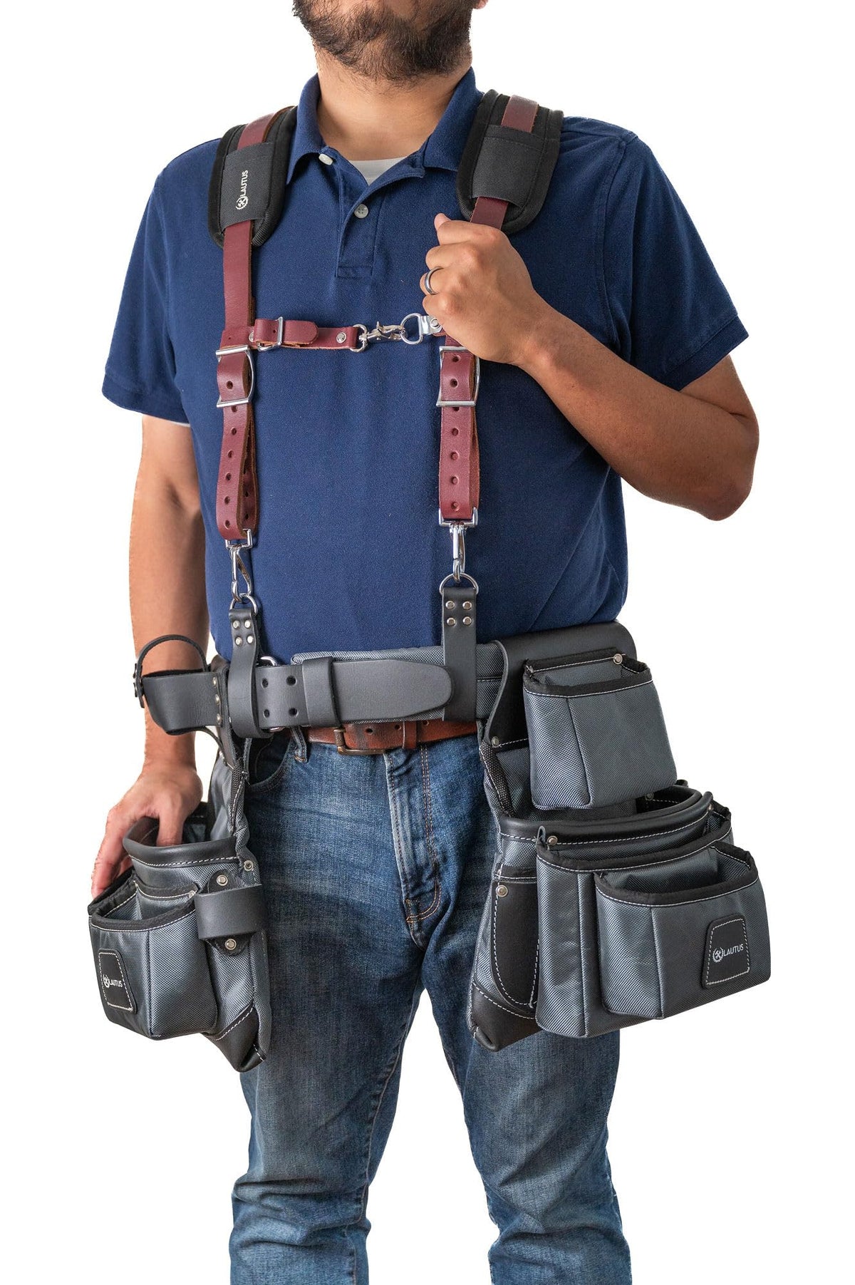 LAUTUS Leather Padded Tool Belt Suspenders w/Chest Strap| Pencil Sleeve| Comfortable & Heavy Duty, Fully Adjustable, Construction Grade |
