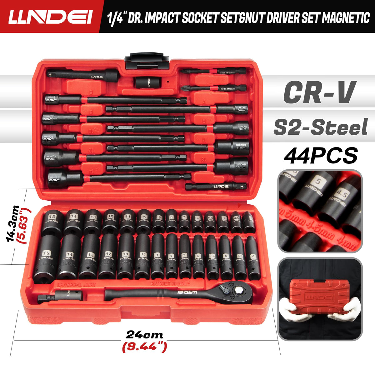 1/4" Drive Socket Set Nut Driver Set with Ratchet, 44Pcs Wrench Tool Set