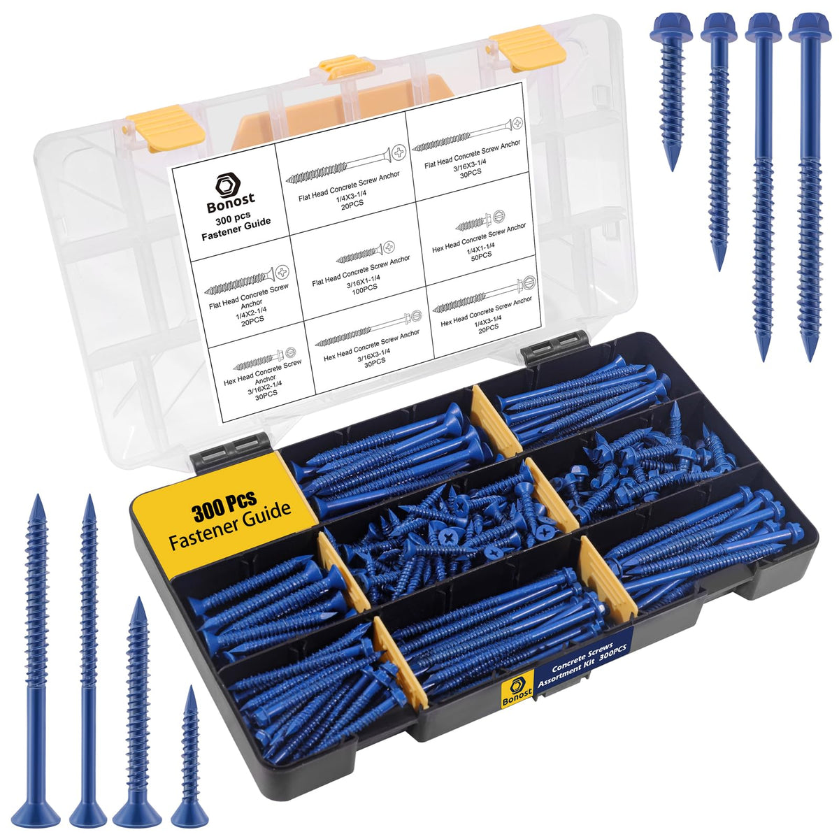 Bonost 300-Piece Concrete Screws Assortment Kit, 1/4 & 3/16 in, 8 Sizes