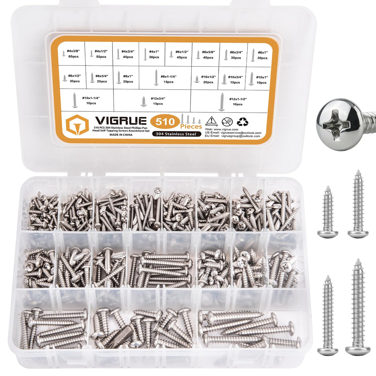 VIGRUE 510Pcs Stainless Steel Wood Screws Assortment Kit, #4#6#8#10#12 Phillips Pan Head Sheet Metal Screws Self Tapping Screws Set,Length 3/8" to 1-1/2"