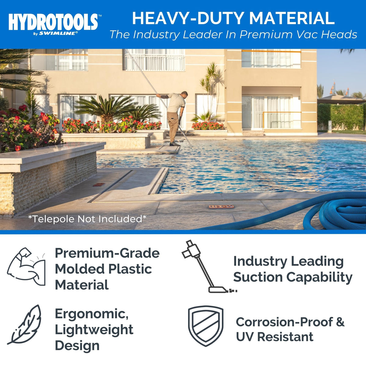 SWIMLINE HYDROTOOLS Manual Pool Vacuum Head Attachment For Inground & Above Ground Pools |Weighted Swimming Pool Vac Head Clear Triangle Shape W/ Bristles| Swivel Hose 1-1/4 or 1-1/2’’| 8145
