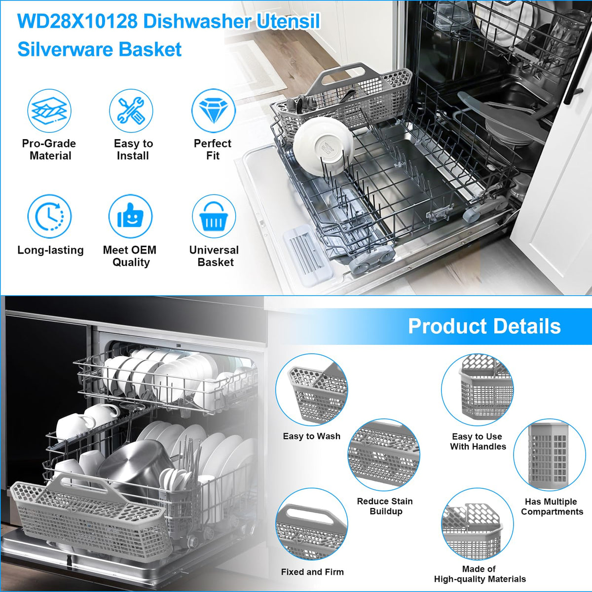 UPGRADED WD28X26099 WD28X34744 Dishwasher Lower Rack Compatible with GE Dishwasher Rack Replacement Parts WD28X24396 WD28X22659 WD28X28918 GDF510PSM0SS GDF510PSD1SS GE Dishwasher Rack Parts with Wheel